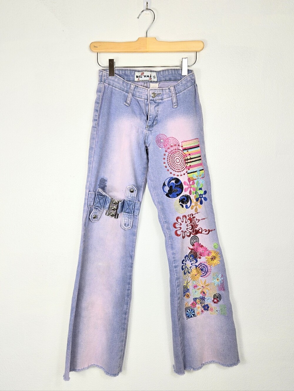 Y2K Embellished Flares Jeans Whimsical 90s Stretchy Wash Fade Frayed Size Small